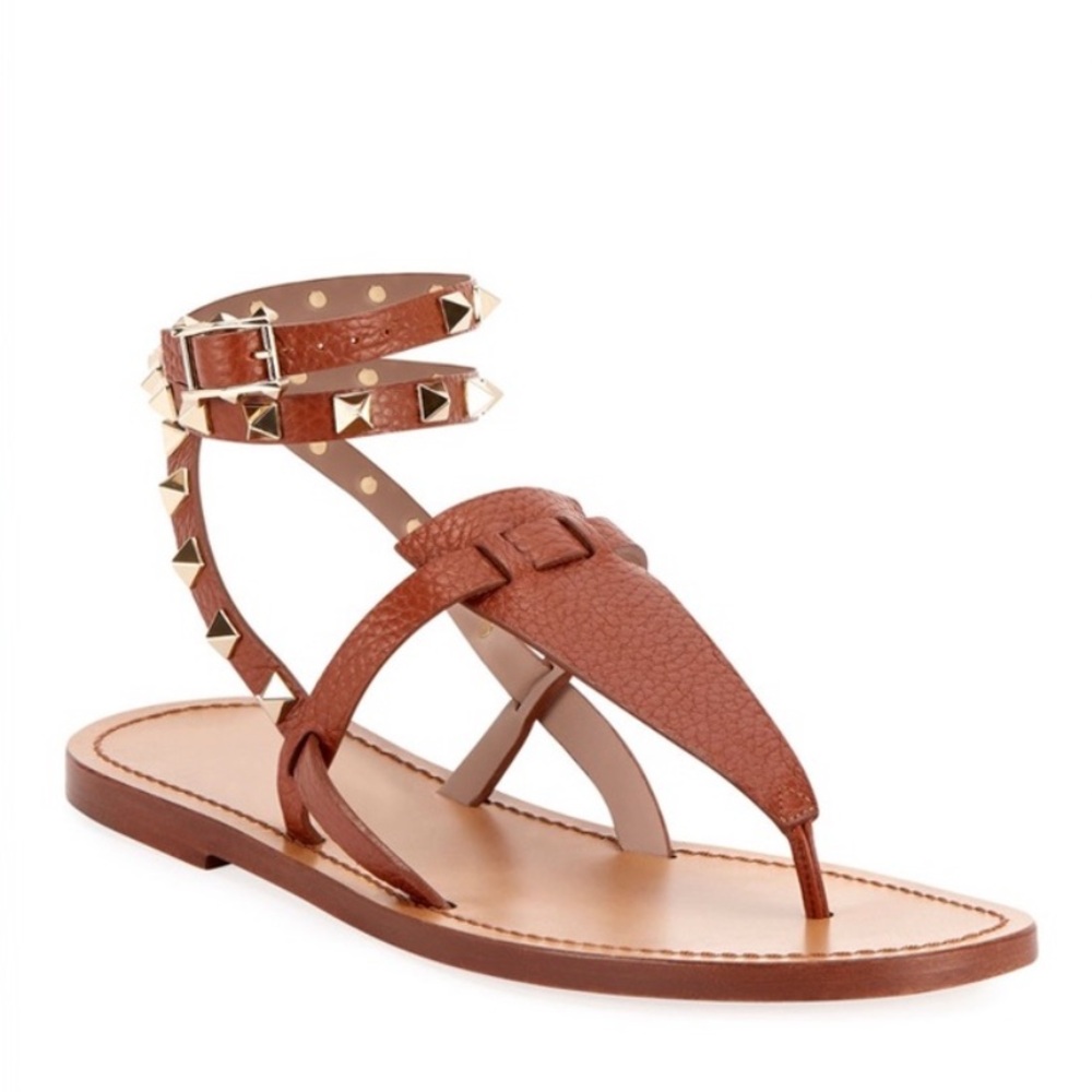 Valentino Garavani Rock Studded Brown Ankle Wrap Sandals